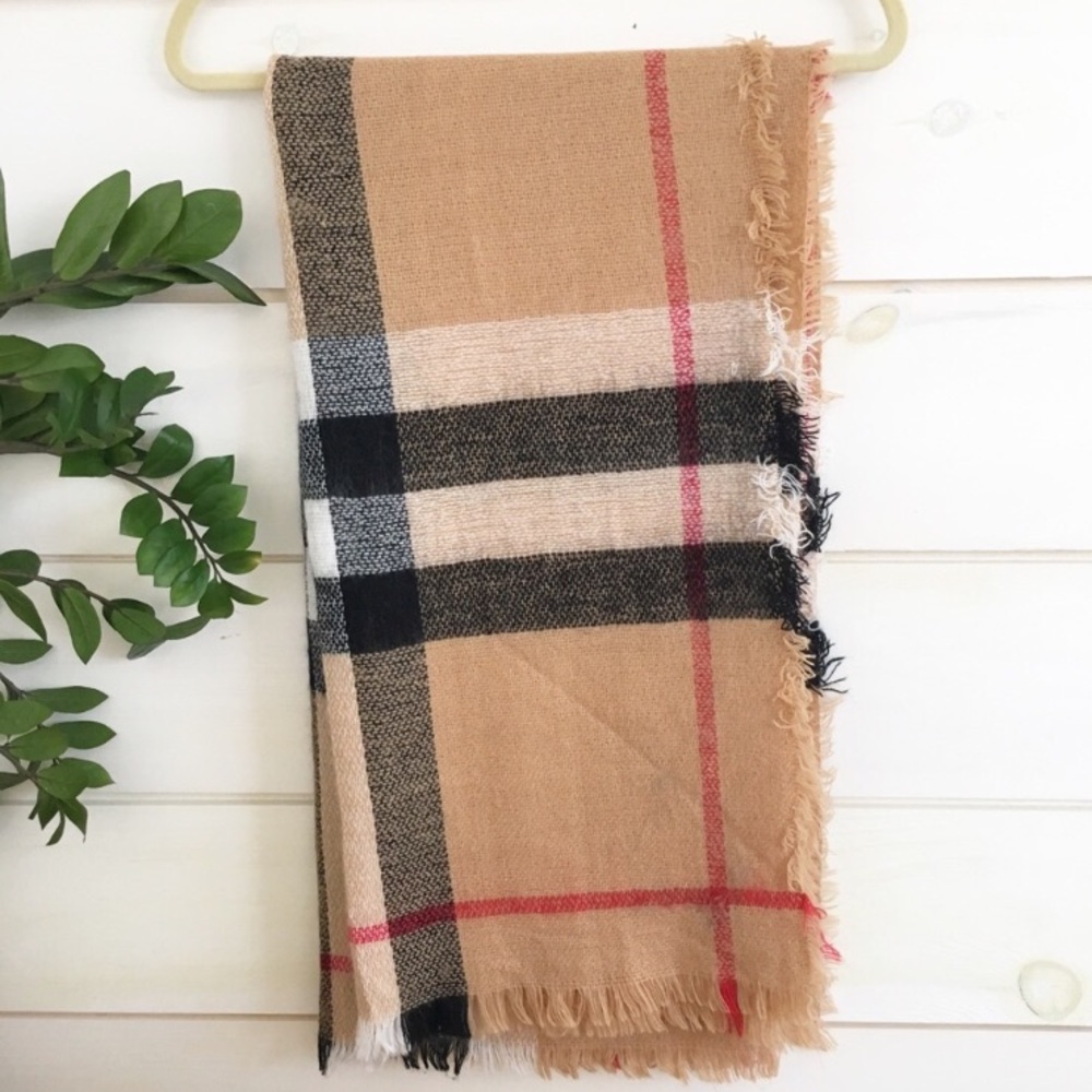 Plaid scarf in taupe, red, black, white—square